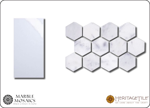 Honed marble 1-1/4" hexagon Sample Card in 'Carrara White'