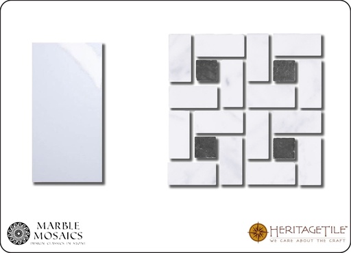 Honed marble spiral Sample Card in 'Carrara White' with 'Jet Black' dot